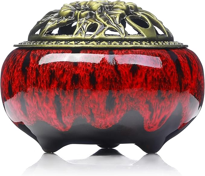 Incense Burner with Calabash Incense Stick Holder - Porcelain Charcoal Censer for Use with Resin Granular Powder Cone or Coil Incense (Kiln-Colored Red) - Bloomnest