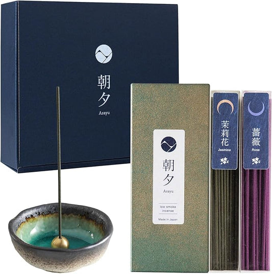 Asayu Japan Low Smoke Incense Gift Set with Incense Holder and Brass Stand, Floral Set (Jasmine & Rose) Incense Sticks with Mini Nature Aquamarine Incense Holder - Bloomnest