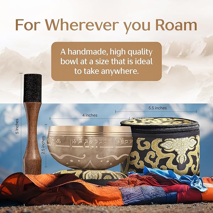 Handmade Tibetan Etched Singing Bowl Set with Case – Meditation Bowl & Sound Bowl with Cushion, Mallet & Guide – Handmade Himalayan Bowls – Bronze Singing Bowls – Spiritual Healing Products