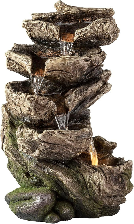 Alpine Corporation WIN1180 11" Indoor Tabletop Waterfall Fountain with LED Lights, 5 Tier Rainforest Garden Fountain, Brown - Bloomnest