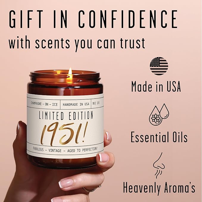 74th Birthday Gifts for Women - 'Limited Edition 1951' Soy Candle, w/Champagne on Ice I 74 Birthday Gifts for Women I 74th Birthday Gift for Her Ideas I 9oz Reusable Jar, 50Hr Burn, Made in USA - Bloomnest
