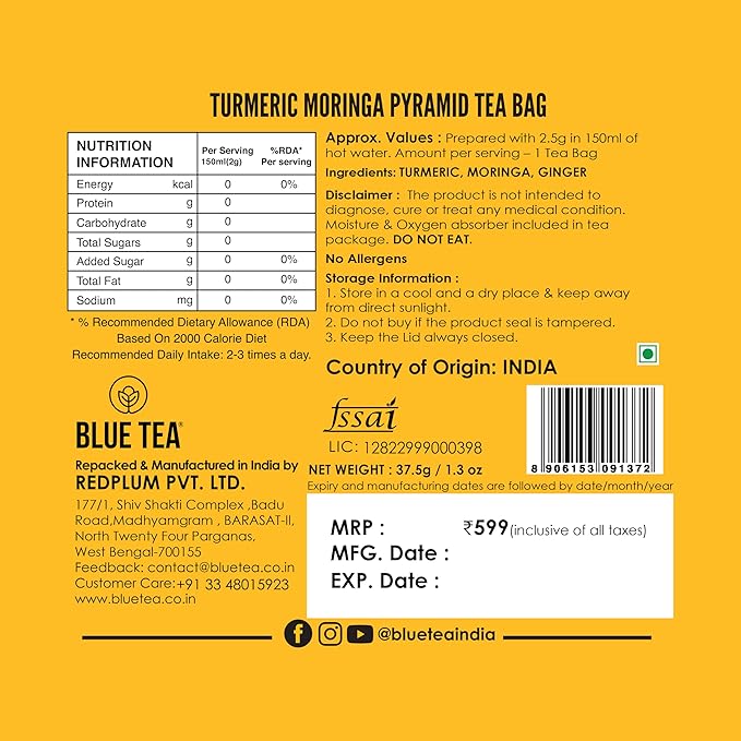 BLUE TEA - Turmeric Tea - Moringa - 15 Count - Pyramid Plant Based Tea Bag | CURCUMIN RICH - HERBAL BLEND | Caffeine Free - Gluten Free - Herbal Tea - Vegan - Mild Flavor - Healthy | Reusable Tin Pack - Bloomnest