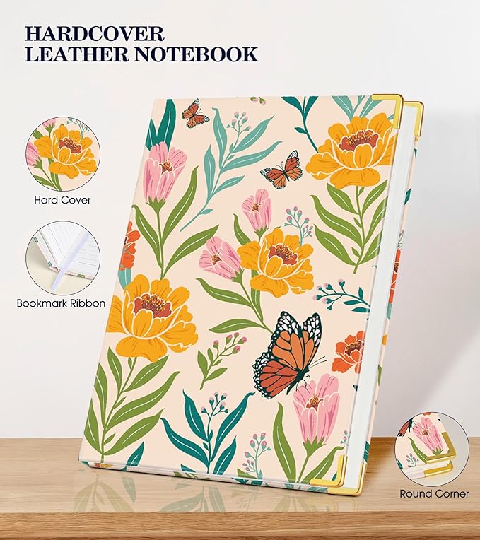 Lined Journal Notebook for Women, A5 Hardcover Leather Journaling Notebooks for Writing, 200 Pages Travel Journal, College Ruled Notebook for Work School, Note Taking 5.75'' X 8.38'' Yellow Floral - Bloomnest