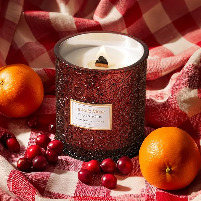 LA JOLIE MUSE Ruby Berry Bliss Scented Candle – Mandarin, Cranberry & Plum | 19 oz Festive Fall Candle | Wooden Wick | Clean Burn & Vibrant Scent | Fun Gift for Hosts & Fall Tablescapes - Bloomnest