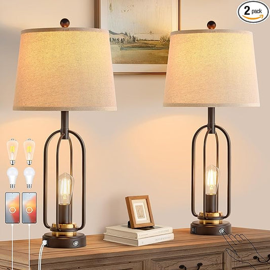 Farmhouse Table Lamps for Living Room Set of 2, 28.5" Tall Rustic Table Lamps with USB Ports, 3-Way Dimmable Vintage Bedside Lamps for Bedroom Nightstand, Bulbs - Bloomnest