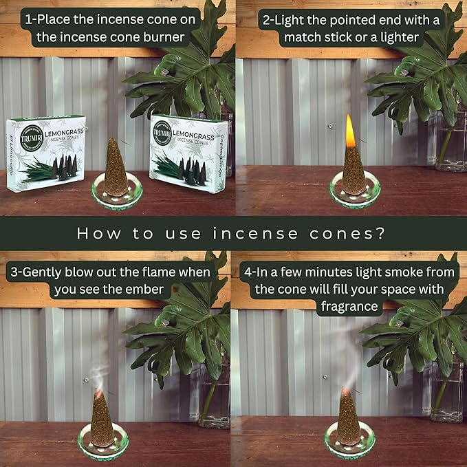 TRUMIRI Lemongrass Incense Cones - Total 20 Cone Incense - Dual Pack of 10 Insence Cones - Incense Cones Scented - Cone Incense Scents - Insense Cones - Incent Cone TRUMIRI