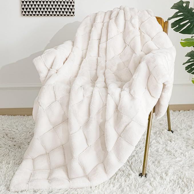 Touchat Faux Fur Throw Blanket, Luxury 1000GSM Ultra Thick Warm Rabbit Blanket for Couch Bed Sofa, 3D Checkered Pattern Soft Winter Heavy Minky Fluffy Blankets for Women Christmas Birthday Gift, White - Bloomnest
