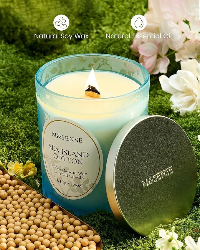 M&SENSE Sea & Cotton Scented Candle, Cracking Wooden Wick Soy Wax, 18oz 100 Hours Long Lasting Clean Burn, Large Summer Candles for Home Decor, Non-Toxic Relaxing Aromatherapy Gifts for Women - Bloomnest
