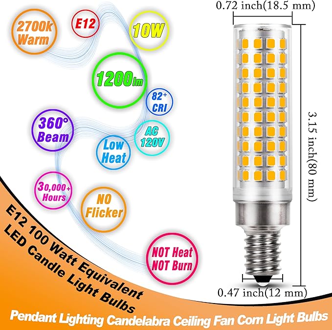 E12 100 Watt Equivalent LED Chandelier Bulbs 10W 2700K Warm White 1200lm 120V C7 T6 E12 LED Candle Light Bulb for Pendant Lighting Candelabra Ceiling Fan Corn Light Bulbs, Non-dimmable, 4 Pack - Bloomnest