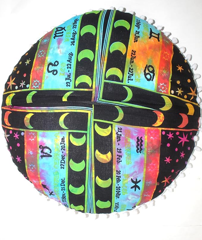 CRAFT KALA 32" Round Large Round Bohemian Floor Pillow Pouf Cover Mandala Meditation Room Pillow Cover for Adults Boho Seating Poufs Cushion Cover for Kids Playroom Multi Zodiac - Bloomnest
