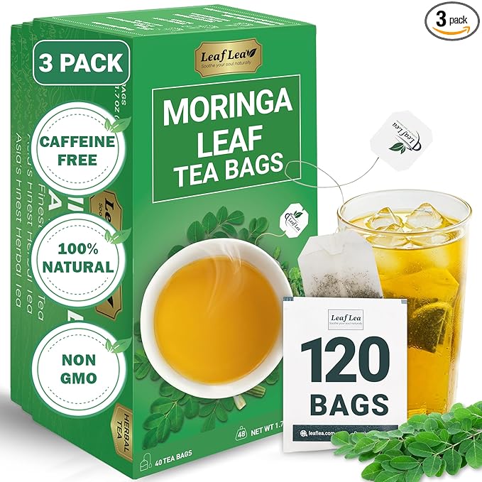 LeafLea Moringa Tea, 120 Fresh-Sealed Tea Bags, Premium Herbal Blend from 100% Natural Moringa Leaves, Supports Digestion & Immune Health, Caffeine-Free, Sugar-Free, Vegan, Non-GMO - Bloomnest