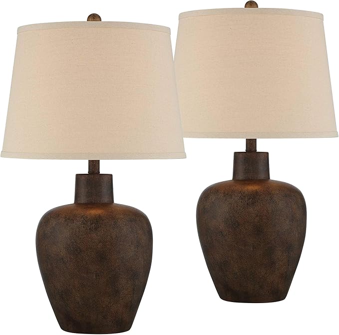 Regency Hill Glenn 27" Tall Urn Farmhouse Rustic Natural Cottage Southwestern Table Lamps Set of 2 WiFi Smart Socket Dark Terra Cotta Finish Living Room Bedroom Bedside Nightstand Fabric Shade - Bloomnest