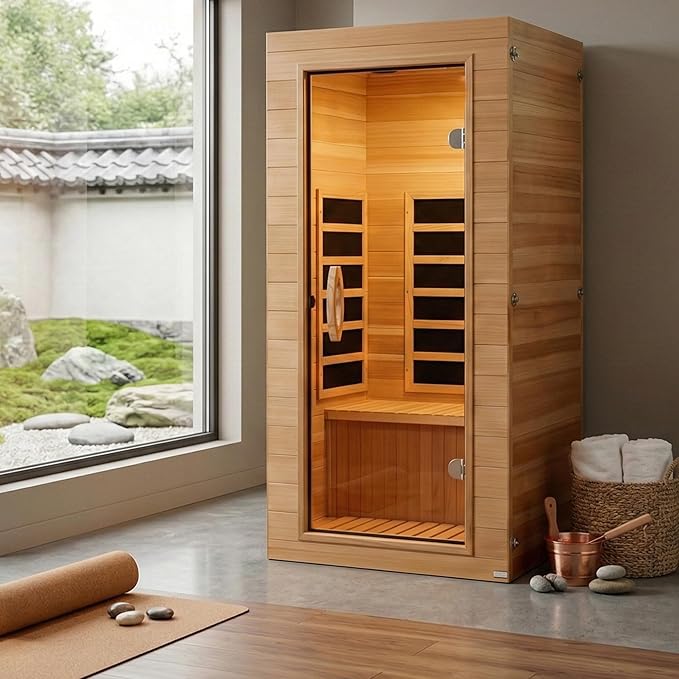 DYNAMIC SAUNAS Elite 1 Person Compact Ultra Low EMF FAR Infrared Sauna with Red Light Therapy & Bluetooth Speakers - Personal Indoor for Home & Gym DynamicSaunas