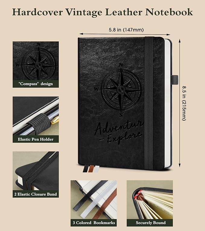Lined Journal Notebook for Women Men, 160 Pages, A5 Hardcover Vintage Leather Journaling Notebooks for Work, School, Note Taking, Travel, Bible Study, Daily Diary for Writing 5.8"x8.5" (Black) - Bloomnest