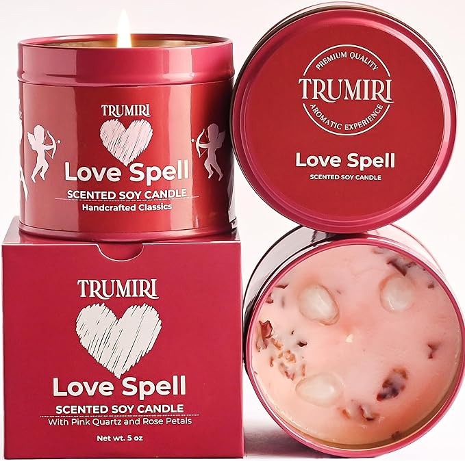 Love Spell - Scented Candles for Women & Men with Rose Petals and Crystals - 5oz Soy Clean Organic Non Toxic - Velas Aromáticas - Aromatherapy Spa Valentines Gift Home Décor Aesthetic Candel TRUMIRI
