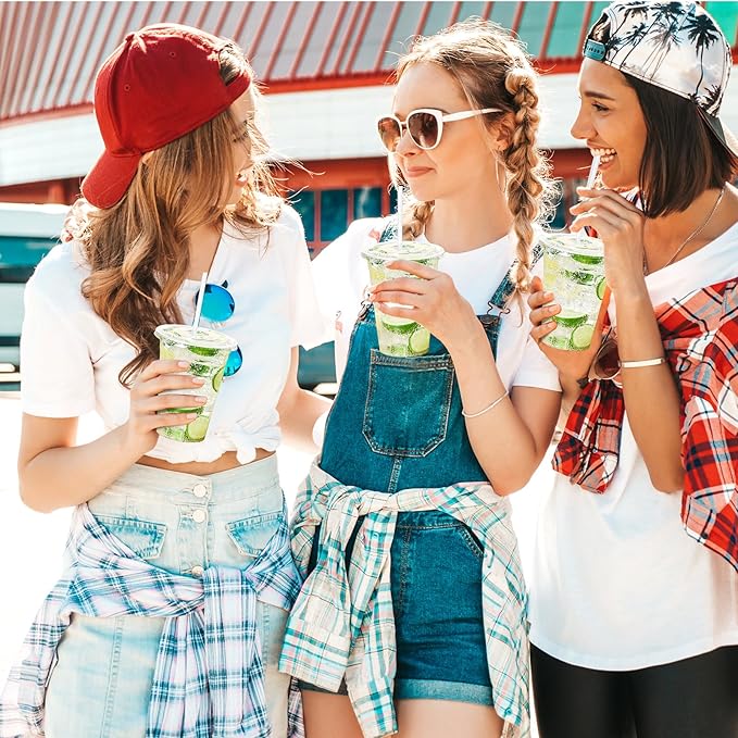 Turbo Bee 200 Sets 16 OZ Clear Plastic Cups with Lids and Straws, Disposable To Go Iced coffee cups with lids for Cold Drinks, Smoothie, and Slushie - Bloomnest