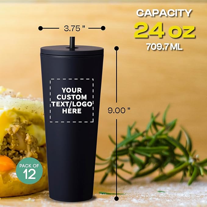 DISCOUNT PROMOS Custom Kenai Plastic Tumblers with Straw 24 oz., Set of 12, Personalized Bulk Pack - Ideal for Busy Professionals, With lids, Ice Coffee Tumbler, To Go Cup, Insulated - Black - Bloomnest