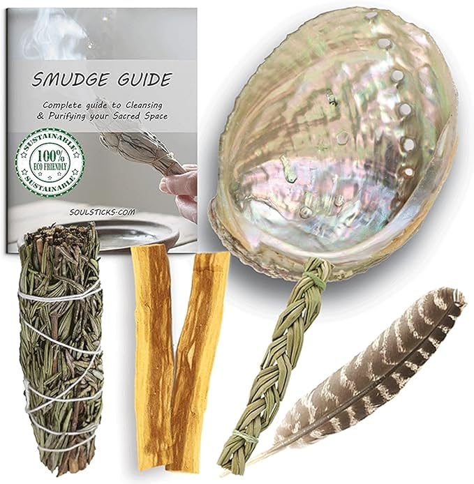 Ancient VEDA Organic Smudge Kit – Rosemary, Palo Santo, Sweetgrass, Abalone Shell, Feather & Smudge Guide | Smudging Kit for Home Energy Cleansing, Meditation, Healing (Healer's Kit, Rosemary Sage) AncientVeda