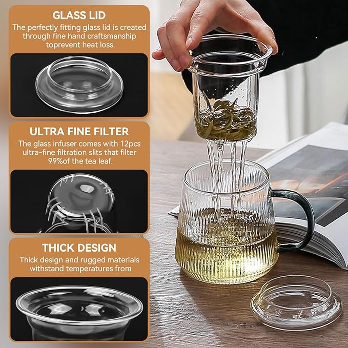 Universal Glass Tea Cup Infuser With Dual-Purpose Lid/Coaster for Teabloom,Glass Filter for Loose Leaf Tea Steeper Basket,Leak Proof Lid,Heat Resistant Cup With Filter - Bloomnest