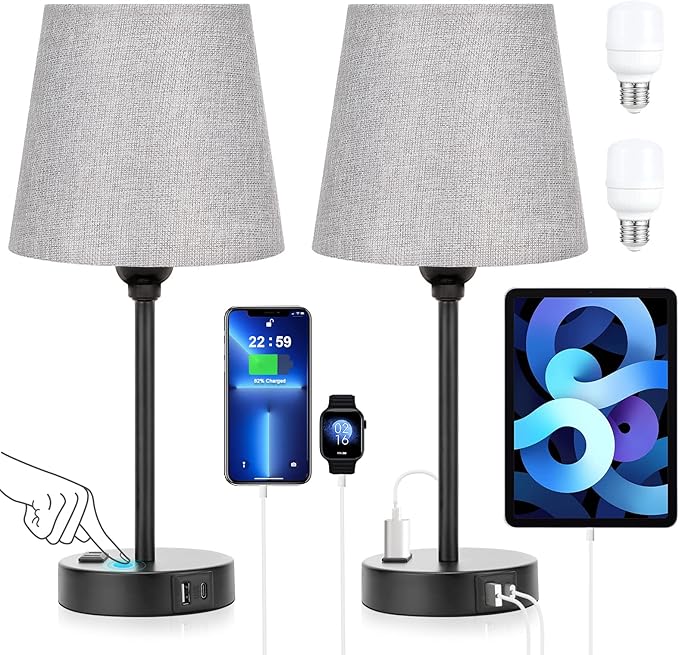 Grey Bedside Lamps for bedrooms Set of 2 - Nightstand Bedroom Lamp with USB C Port and AC Outlet Charging, 3 Way Dimmable Touch Control Small Bed Side Table Lamp, Night Stand Light for Kids/Guest Room - Bloomnest