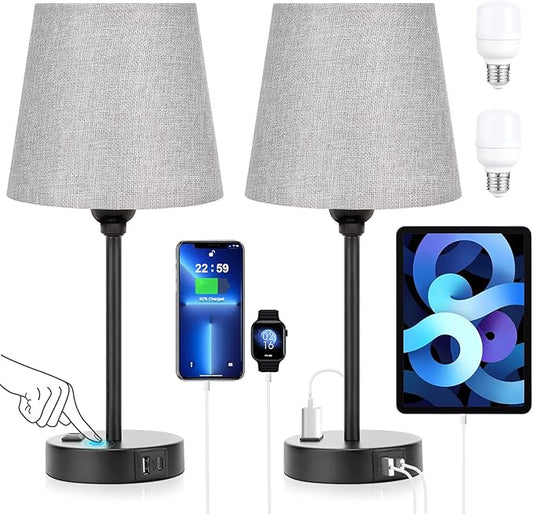 Grey Bedside Lamps for bedrooms Set of 2 - Nightstand Bedroom Lamp with USB C Port and AC Outlet Charging, 3 Way Dimmable Touch Control Small Bed Side Table Lamp, Night Stand Light for Kids/Guest Room - Bloomnest