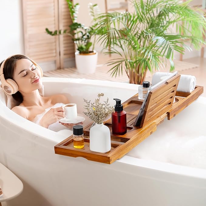 Teak Bathtub Tray - Luxury Bath Tray with Expandable Handles, Wine Glass and Phone Holders, Book Stand - Perfect for Home Spa Relaxation and Reading - Natural Bath Accessories - Light Walnut Color - Bloomnest