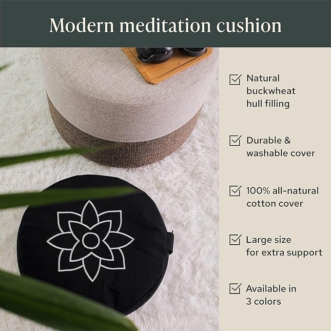 Mindful & Modern Large Meditation Cushion | Zafu Yoga Bolster Meditation Floor Pillow Seat | Buckwheat Hull Filled Crescent Shaped Cushion with Removable Washable Cover + Carry Handle - Bloomnest