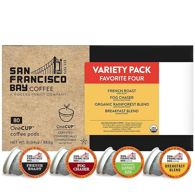 San Francisco Bay Compostable Coffee Pods - Original Variety Pack (80 Ct) K Cup Compatible including Keurig 2.0, French, Breakfast, Fog, Organic Rainforest - Bloomnest