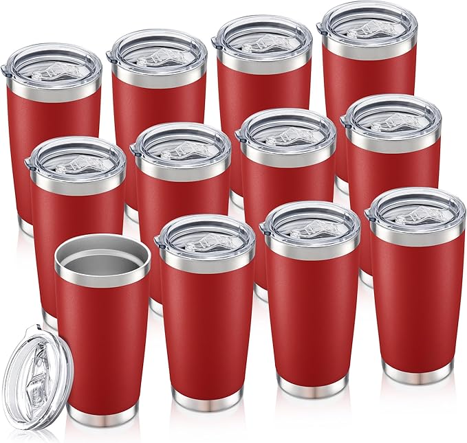 20 oz Tumbler Bulk with Lid Stainless Steel Insulated Tumblers Double Wall Vacuum Coffee Mug Powder Coated Tumbler Cups for Cold and Hot Drinks, Wine Red, 12 pack