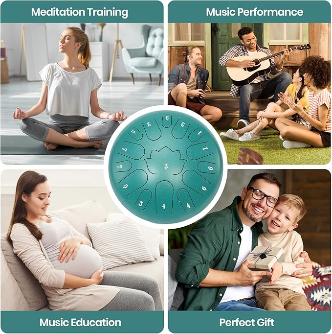 Steel Tongue Drum, 12 Inch 15 Notes Hand Pan Drum, Tongue Drums, with Music Book, Handpan Drum Mallet, and Carry Bag (Green, 12 Inch)