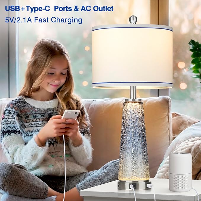 Coastal Glass Table Lamps for Living Room, 26" Table Lamps with USB A+C Ports & AC Outlet, Touch Control Bedside Nightstand Lamp with Crystal Night Light for End Table Office Desk Blue(Bulbs Included) - Bloomnest
