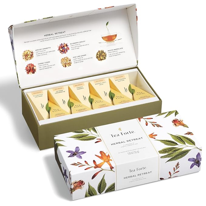 Tea Forte Herbal Retreat Organic Caffeine Free Premium Herbal Tea Petite Presentation Box Tea Gift Set Sampler, 10 Handcrafted Pyramid Tea Bag Infusers - Bloomnest