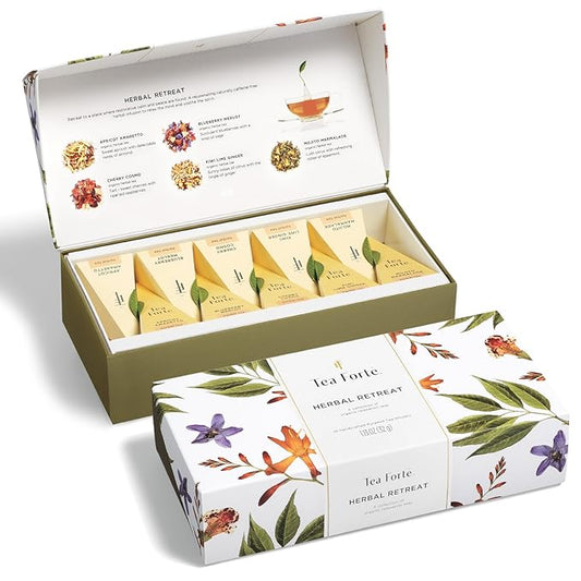Tea Forte Herbal Retreat Organic Caffeine Free Premium Herbal Tea Petite Presentation Box Tea Gift Set Sampler, 10 Handcrafted Pyramid Tea Bag Infusers - Bloomnest