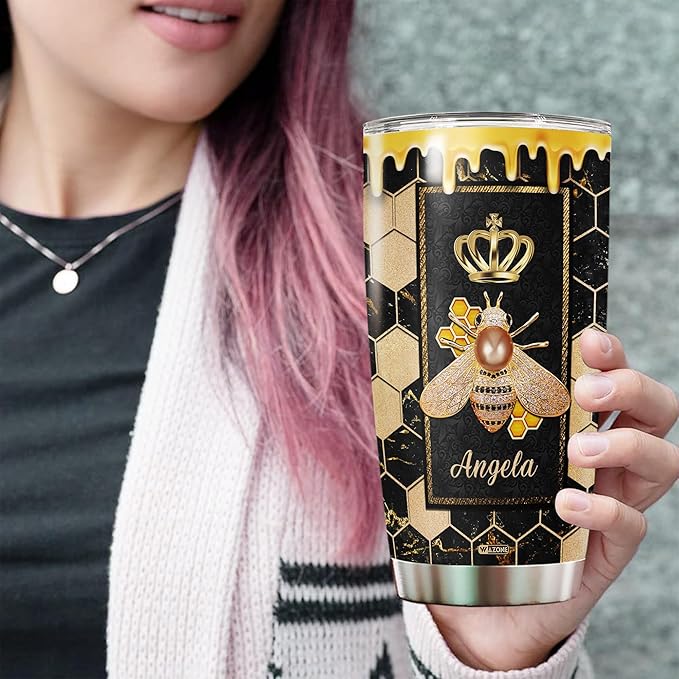 WAZONE Personalized Queen Bee Tumbler Cup With Lid 20oz 30oz Custom Name Double Wall Vacuum Stainless Steel Travel Coffee Mug Novelty Jewelry Style Insulated Birthday Gift For Girls Women - Bloomnest