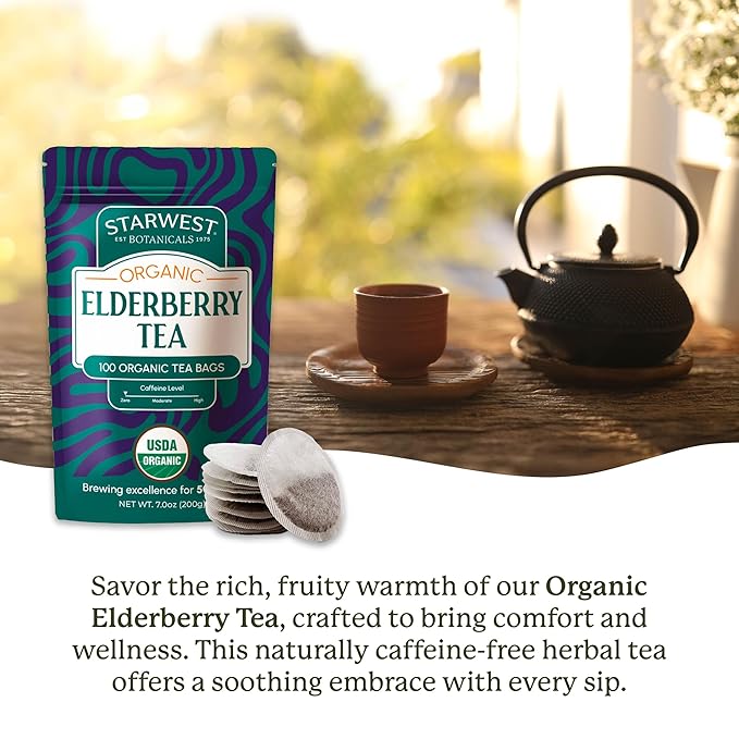 Starwest Botanicals Organic Elderberry Tea - Caffeine Free Herbal Tea Blend, Immune System Support, String Free Sachets, USDA Organic Elderberries & Elder Flower, Non GMO - Bulk Pack, 100 Tea Bags - Bloomnest