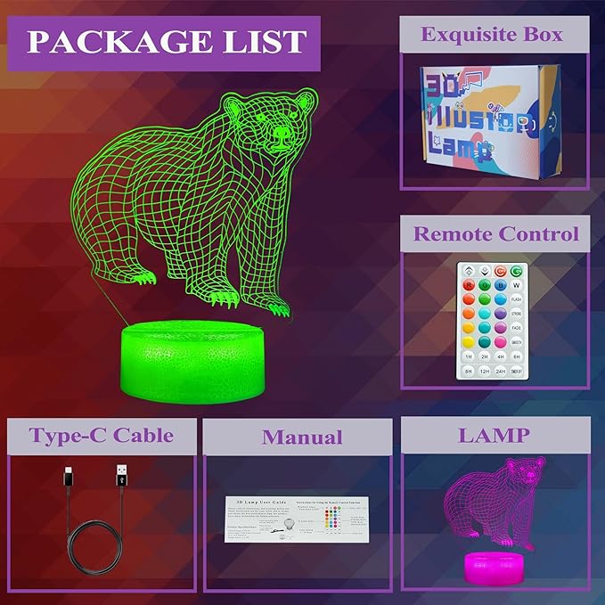 Polar Bear Night Light, 3D Illusion Lamp, RGB16 Colors Changing, Remote Control, Dimmable, Kids Room Decoration, Xmas Bear Gifts - Bloomnest