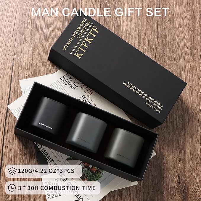 Scented Candles for Men - 3 Pack Vanilla Teakwood Mens Candles Gift Set | Essential Oil Soy Wax Candle | Luxury Masculine Gifts for Him, Husband, Boyfriend - Bloomnest