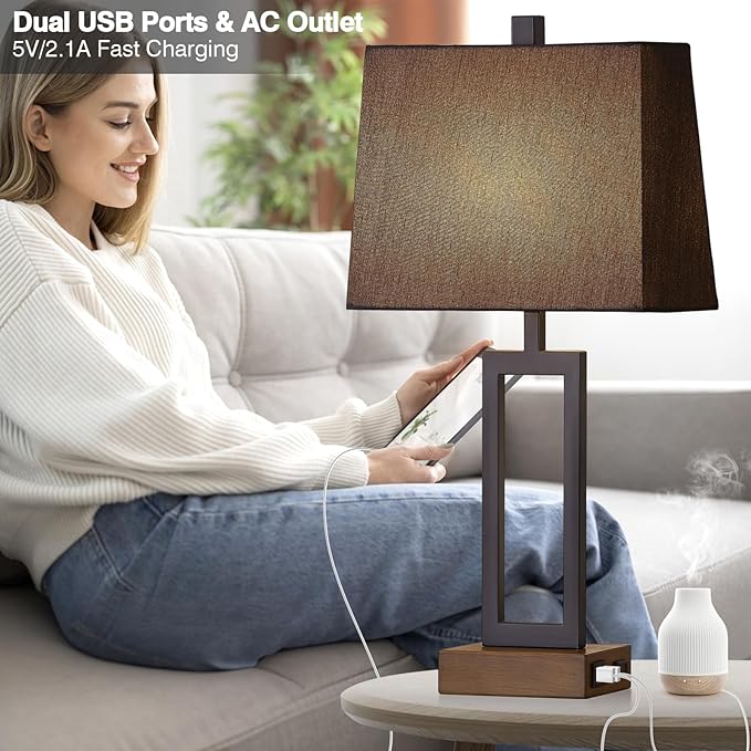Touch Control Table Lamps Set of 2, Modern Bedside Lamps with 2 USB Charging Ports & AC Outlet, 3-Way Dimmable Wood Nightstand Lamp for Living Room Bedroom End Table Office Black(2 LED Bulbs Included) - Bloomnest