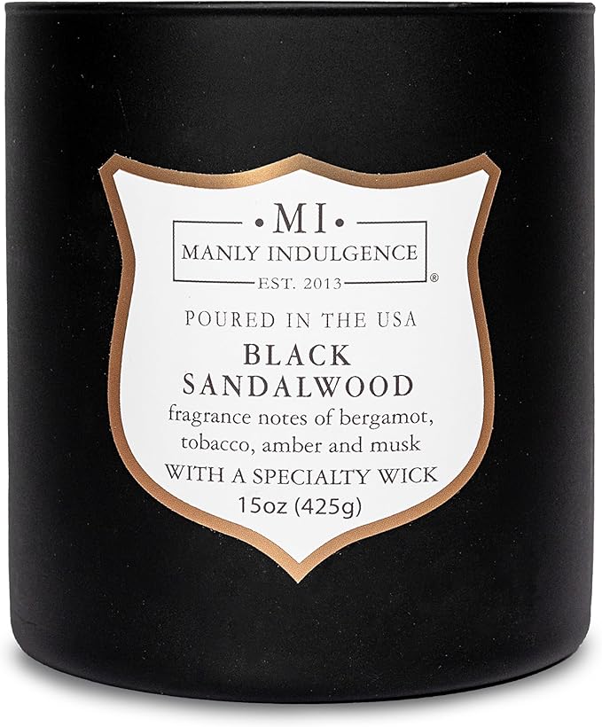 Manly Indulgence Black Sandalwood Scented Candle for Men 15 oz – Bergamot, Tobacco, Amber & Musk - Wood Wick - Up to 60 Hours Burn - Soy Blend Wax, USA Poured – Signature Collection - Bloomnest