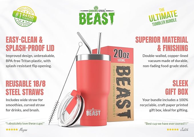 Beast 20 oz Tumbler Stainless Steel Vacuum Insulated Coffee Ice Cup Double Wall Travel Flask (Coral Pink) - Bloomnest