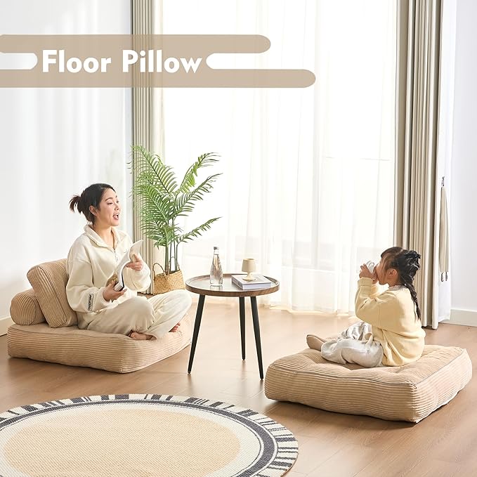 35.4x33.5 Inch Floor Pillow, Large Round Floor Cushion with Removable Washable Cover - Ultra Soft Plush Filling for Adults, Kids, Lounge, Bedroom, Reading Nook, Meditation, Corduroy, Camel