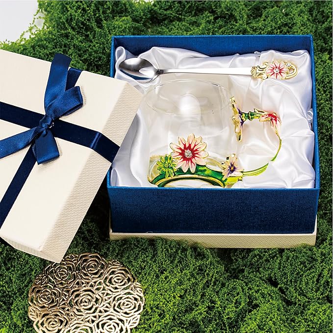 Flower Tea Cup ,Daisy Flower Clear Glass Fancy Coffee Cup with Spoon,Gift Box for Her Mom Wife Grandma Girls Friends Valentines Christmas Birthday Present Idea for Juice,Hot And Cold Drinks Use - Bloomnest