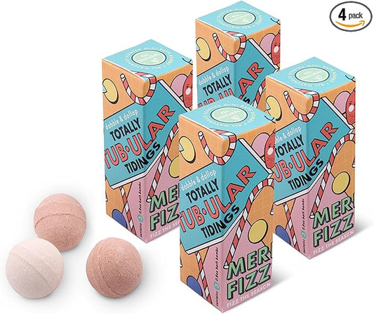 Dabble & Dollop Totally Tub-ular Tidings Merry Fizzfest Mini Bath Bombs Stocking Stuffer - Holiday Gift Set of Three Fizzy Natural Bath Bombs for Kids (Pack of 4) - Bloomnest