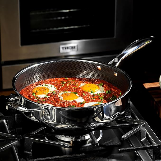 HexClad Hybrid Nonstick 3.3-Quart Deep Sauté Pan with Tempered Glass Lid, Stay-Cool Handle, Dishwasher-Friendly, Oven-Safe Up to 900°F, Induction Ready, Compatible with All Cooktops - Bloomnest