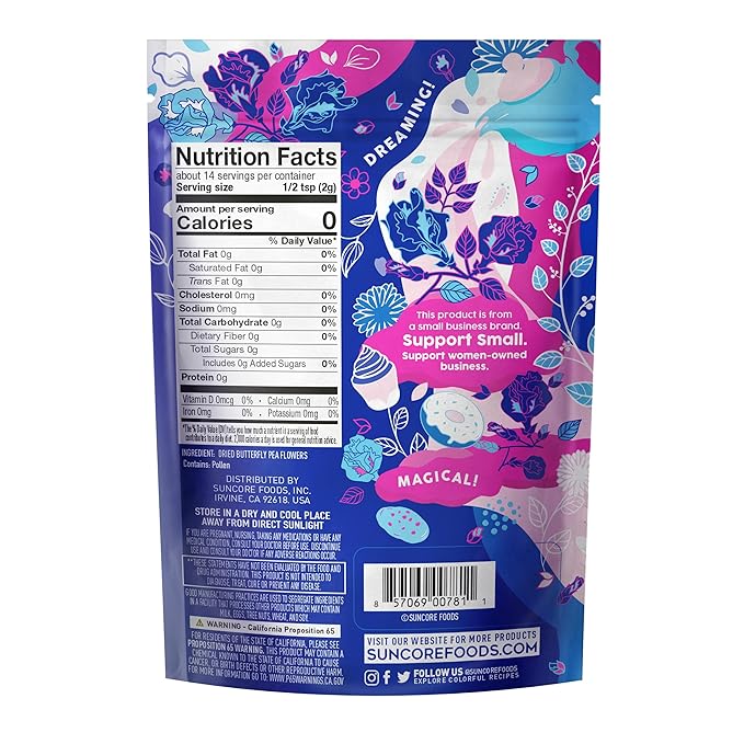 Suncore Foods Dried Butterfly Pea Flowers Bloom, Caffeine-Free Tea, Gluten-Free, Non-GMO, 1oz (1 Pack) - Bloomnest