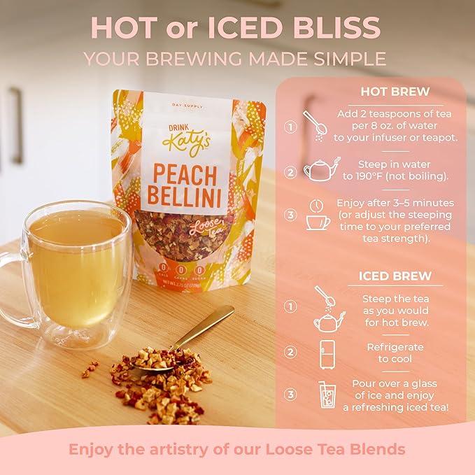 Katy’s Peach Bellini Loose Leaf Tea | Fruity & Refreshing Light White Herbal Tea | Apple, Peach & Mango | Caffeine-Free Tea | 30+ Cups | Hot or Iced | Premium Quality, Woman-Owned | 2.75oz Pouch - Bloomnest