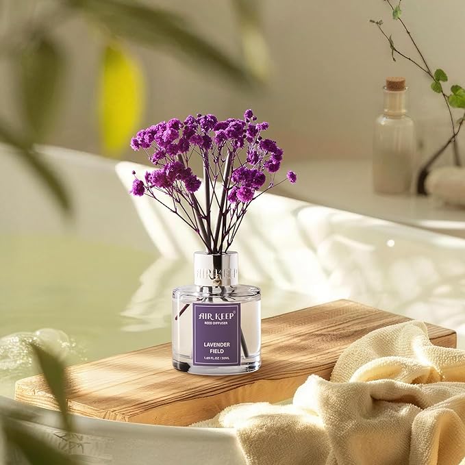 Airkeep Reed Diffuser Set,1.69 fl oz (50 ml) - Lavender Field Oil Diffusers with 8 Reed Sticks,Home Fragrance Reed Diffuser for Bathroom Shelf Decor - Bloomnest