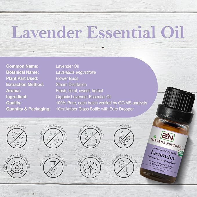 Lavender Essential Oil USDA Certified Organic, 100% Pure Natural Premium Grade, Undiluted- Aromatherapy Diffuser for Calm and Relaxation, Skin Care, Hair Care NirvanaNurture
