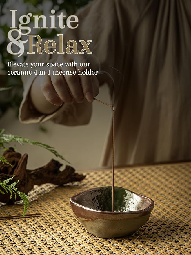 4 in 1 Incense Holder with 3 Different Incense Sockets, 4.25 Inch Incense Burner, Unique Round Shape Incense Holder for Sticks, Ceramic Incense Stick Holder for Meditation, Yoga, Rose Gold