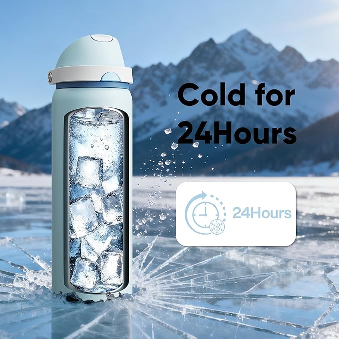 Insulated Water Bottle with Straw - Encool Stainless Steel Water Bottle with Push Button Lid, Leak-Proof & BPA-Free, Keeps Cold for 24 Hours for Sports, Travel, Gym (32 oz, Jungle Mist) ENCOOL